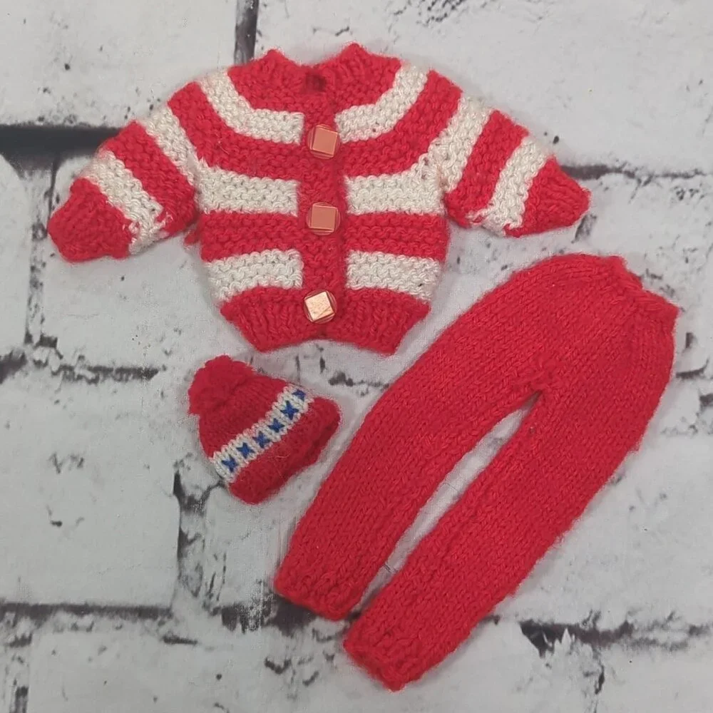Vintage Barbie Ski Outfit Hand Knit Red White 3 Piece